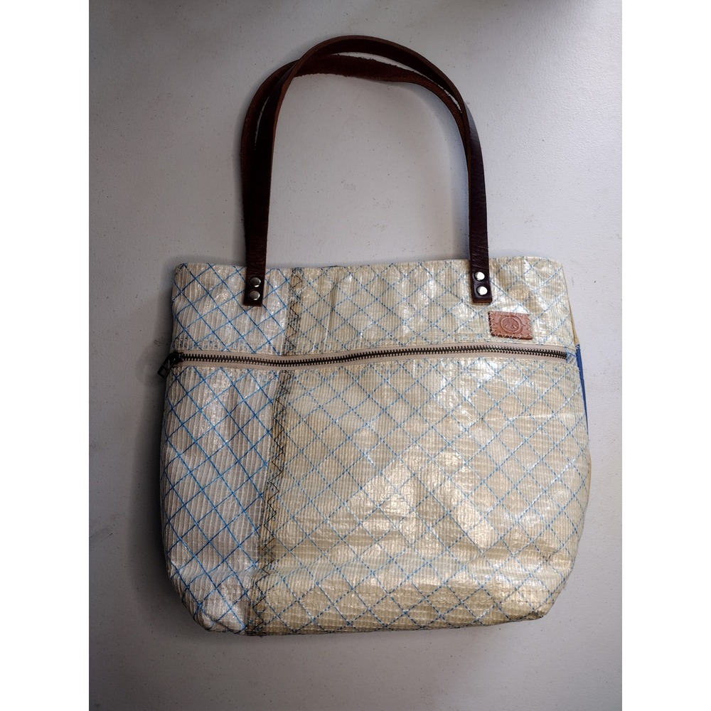 Sea Bags‎ Recycled Sailcloth Tote Bag Blue Yellow Patchwork Leather Straps